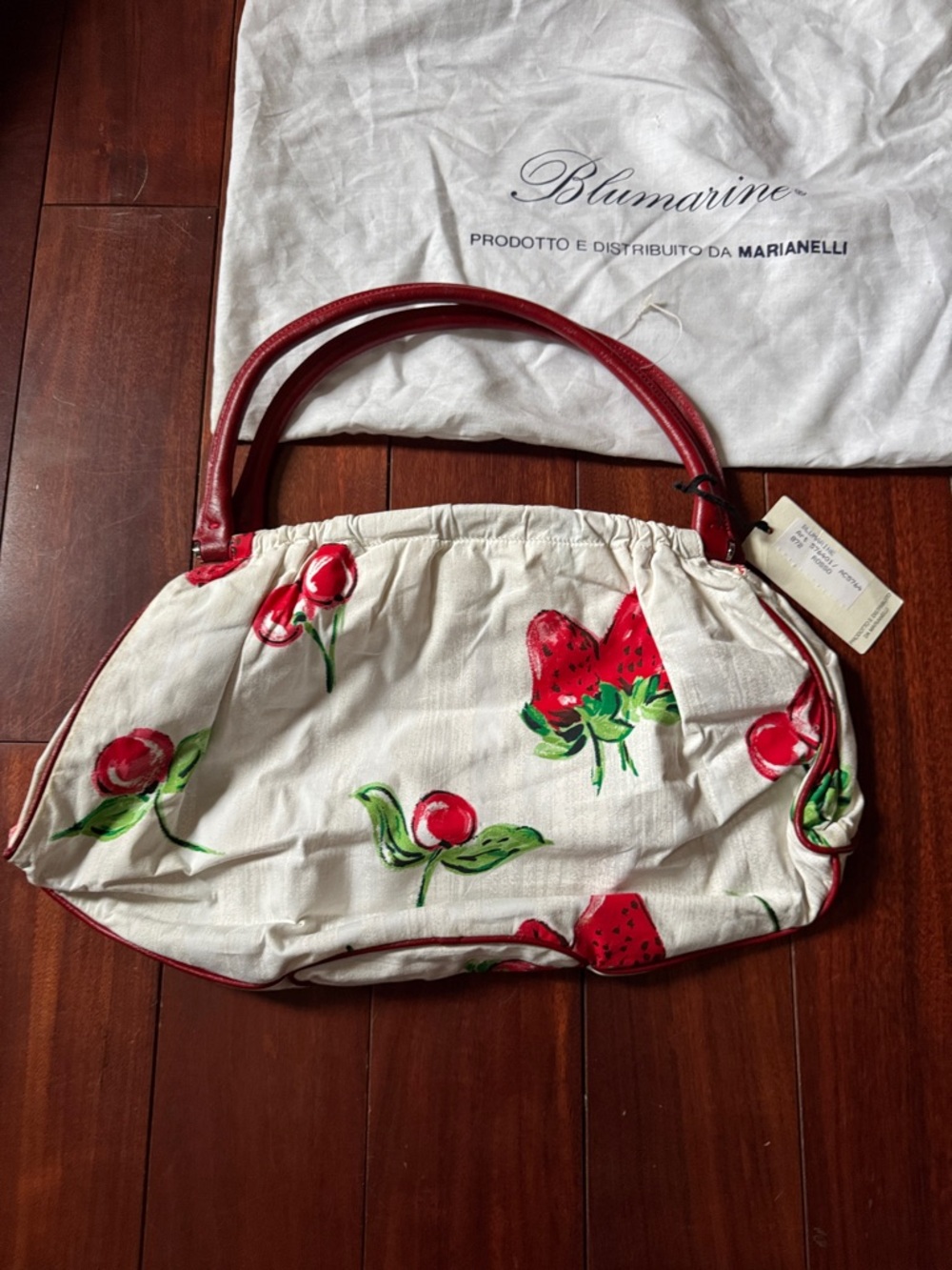 Blumarine Cream Canvas Strawberry & Cherry Print Shoulder Bag with Red Trim